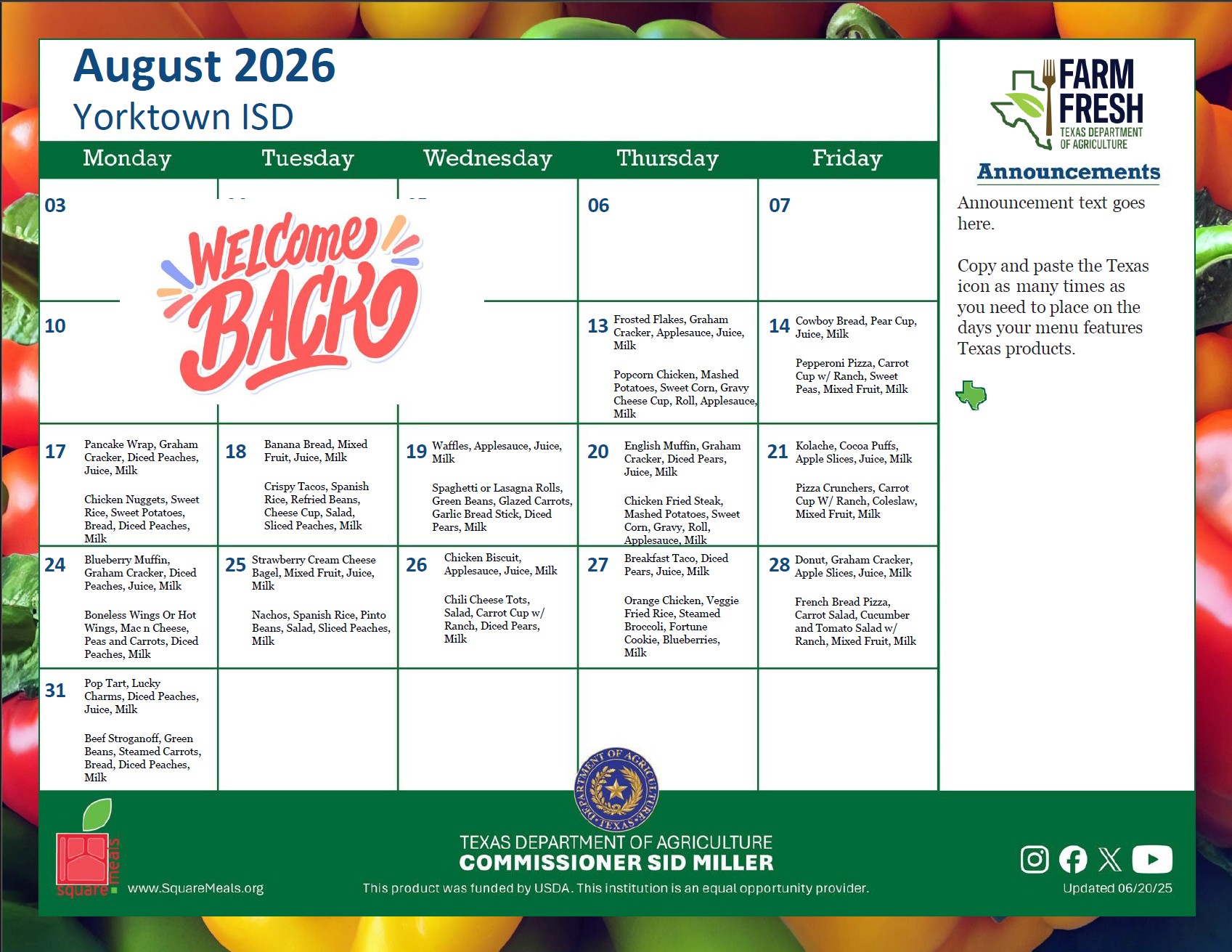 August 2026 Menu